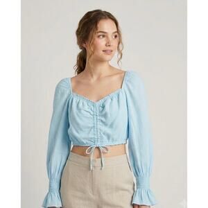 NWT‎ BLANCO Light Blue Cotton Smocked Crop Top L Ruched Cottagecore Long Sleeve